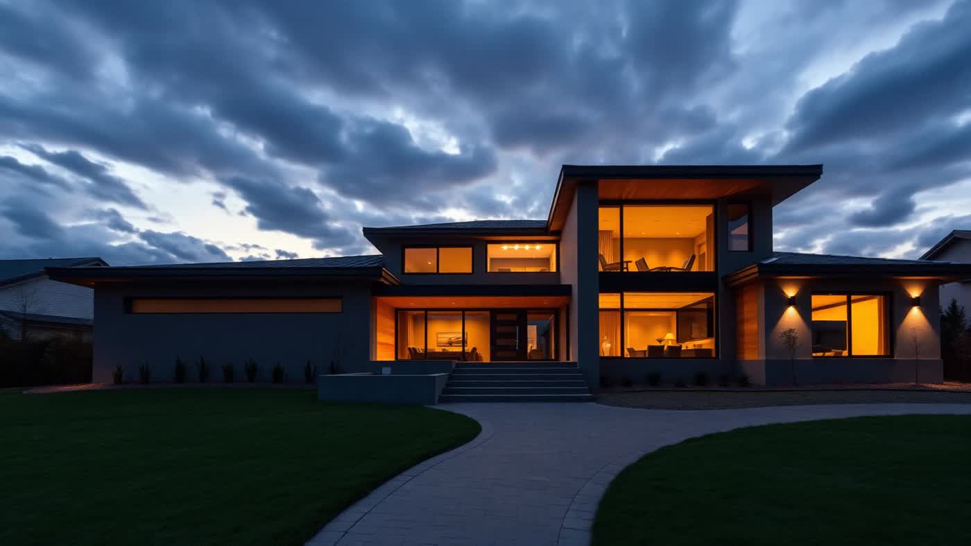 Luxury modern home built by Elben Construction at dusk